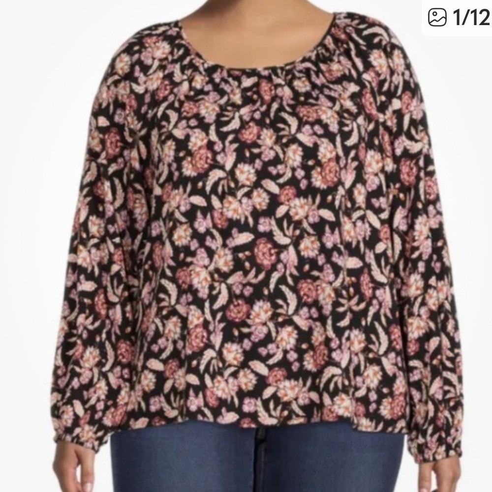 Terra &‎ Sky Womens Plus Size 1X Black Floral Peasant Top Long Sleeve Blouse